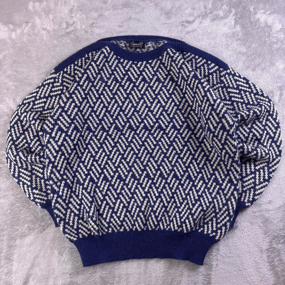 Vintage 90s Catalina Sweater Men’s Large Blue White Geometric Knit Grandpa